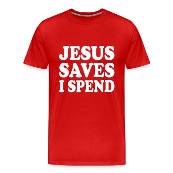 jesus saves i spend - Männer Premium Bio T-Shirt - Rot - Vorne - Damien (186cm)