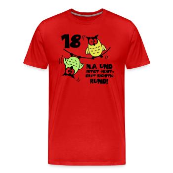 18 birthday, owls on the rope, round - Men's Premium Organic T-Shirt - red - Front - Damien (186cm)