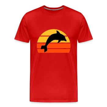 Springender Delphin vor einer geteilten Halbsonne - Männer Premium Bio T-Shirt - Rot - Vorne - Damien (186cm)