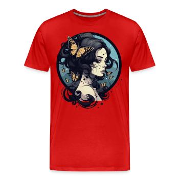 Femme gothique aux papillons orange mystique - T-shirt bio Premium Homme - rouge - Devant - Damien (186cm)