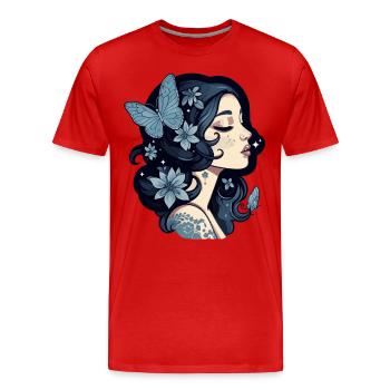 Femme gothique et papillons bleus dans le noir - T-shirt bio Premium Homme - rouge - Devant - Damien (186cm)