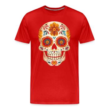 Jour de la mort Crâne en sucre avec des fleurs jaunes - T-shirt bio Premium Homme - rouge - Devant - Damien (186cm)