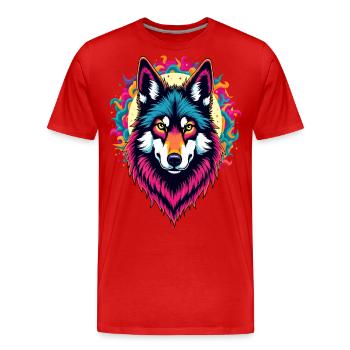 Neon Wolf Head with Sun – Colorful Psychedelic Art - Men's Premium Organic T-Shirt - red - Front - Damien (186cm)