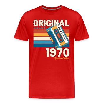 53e anniversaire Cassette décembre Vintage des années 1970 - T-shirt bio Premium Homme - rouge - Devant - Damien (186cm)
