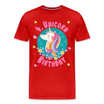 Unicorn 4th birthday 4 years - Unicorn birthday - Men's Premium Organic T-Shirt - red - Front - Damien (186cm)