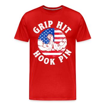 Grip Hit Hook Pin Arm Press - Men's Premium Organic T-Shirt - red - Front - Damien (186cm)