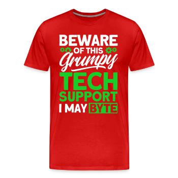 Méfiez-vous du support technique grincheux - T-shirt bio Premium Homme - rouge - Devant - Damien (186cm)