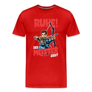 Ruhe! Der Meister zielt! Bogenschießen Bogensport - Männer Premium Bio T-Shirt - Rot - Vorne - Damien (186cm)
