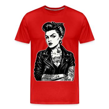 Rockabilly Pin-Up: 50s Outlaw Girl with Tattoos - Men's Premium Organic T-Shirt - red - Front - Damien (186cm)