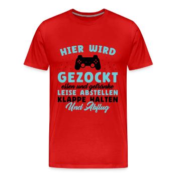 Hier wird gezockt essen und getränke leise - Männer Premium Bio T-Shirt - Rot - Vorne - Damien (186cm)