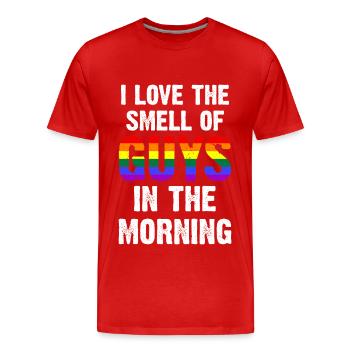 J’aime l’odeur des gars le matin - T-shirt bio Premium Homme - rouge - Devant - Damien (186cm)