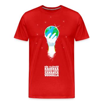 Er unterstützt die Welt - Finnisch - Männer Premium Bio T-Shirt - Rot - Vorne - Damien (186cm)