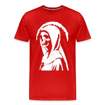 Wagen Sie sich mutig ins Unbekannte mit Horror Nun, - Männer Premium Bio T-Shirt - Rot - Vorne - Damien (186cm)