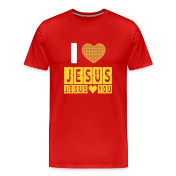 I Love Waffles and Jesus Funny Faith Saying - Men's Premium Organic T-Shirt - red - Front - Damien (186cm)