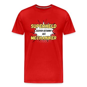 Superheld clever getarnt als Mechaniker - Männer Premium Bio T-Shirt - Rot - Vorne - Damien (186cm)
