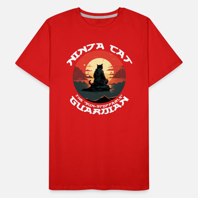 Chat noir ninja devant le soleil rouge T-shirt bio Premium Homme
