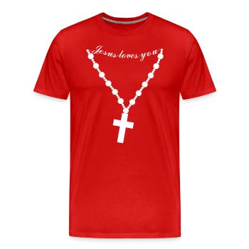 Pendentif avec une croix chrétienne et Jésus vous aime - T-shirt bio Premium Homme - rouge - Devant - Damien (186cm)