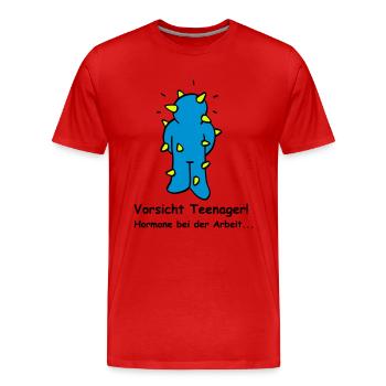 Vorsicht Teenager! Hormone bei der Arbeit. - Männer Premium Bio T-Shirt - Rot - Vorne - Damien (186cm)