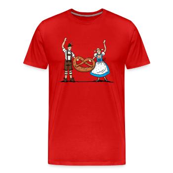 Bayrisches Paar mit Riesenbrezel - Männer Premium Bio T-Shirt - Rot - Vorne - Damien (186cm)