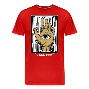 Halloween Eye-catcher: "I See You" - Eye-in-Hand - Men's Premium Organic T-Shirt - red - Front - Damien (186cm)