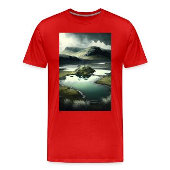 Surrelistische Landschaft Berge Fluss Teich Wiesen - Männer Premium Bio T-Shirt - Rot - Vorne - Damien (186cm)