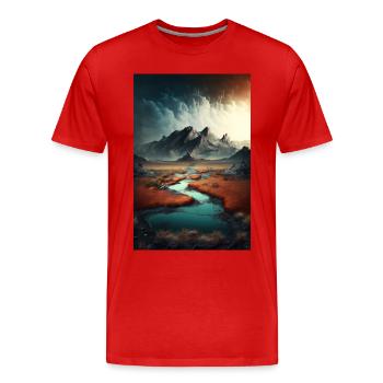 Surrelistische Landschaft Berge Fluss Teich Wiesen - Männer Premium Bio T-Shirt - Rot - Vorne - Damien (186cm)