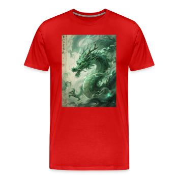 Le Totem du Printemps : Qinglong - Vitalité Azur - T-shirt bio Premium Homme - rouge - Devant - Damien (186cm)