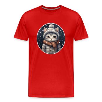 Cat with hat, scarf and jacket in snowfall - Men's Premium Organic T-Shirt - red - Front - Damien (186cm)