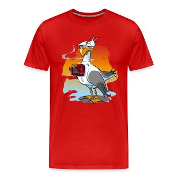 Lustige Möwe mit Kaffeetasse, Moewe - Männer Premium Bio T-Shirt - Rot - Vorne - Damien (186cm)