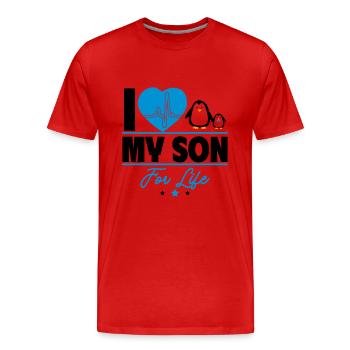 J’aime mon fils – Pour les parents qui ont le sens de l’humour - T-shirt bio Premium Homme - rouge - Devant - Damien (186cm)