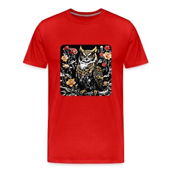 Hibou avec des vrilles de pétales de rose en aspect gravure sur bois - T-shirt bio Premium Homme - rouge - Devant - Damien (186cm)