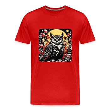 Eule mit Rosenblüten Ranken in Holzschnittoptik - Männer Premium Bio T-Shirt - Rot - Vorne - Damien (186cm)