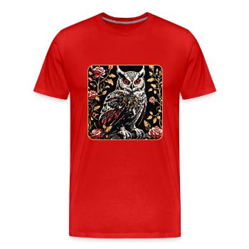 Eule mit Rosenblüten Ranken in Holzschnittoptik - Männer Premium Bio T-Shirt - Rot - Vorne - Damien (186cm)