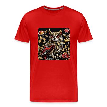 Hibou avec des vrilles de pétales de rose en aspect gravure sur bois - T-shirt bio Premium Homme - rouge - Devant - Damien (186cm)