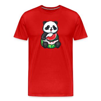 Un panda mignon s’assoit et mange une pastèque - T-shirt bio Premium Homme - rouge - Devant - Damien (186cm)