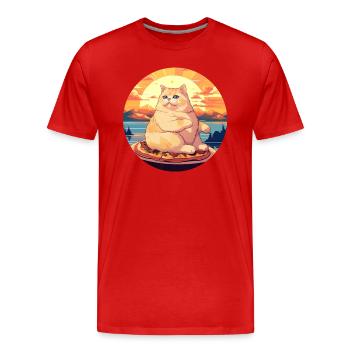 Sonnenuntergangs-Schmaus: Mollige Katze genießt - Männer Premium Bio T-Shirt - Rot - Vorne - Damien (186cm)