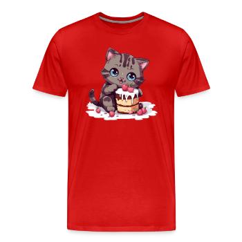 Kirschkuchen-Genuss: Süße Comic-Katze Nascht - Männer Premium Bio T-Shirt - Rot - Vorne - Damien (186cm)
