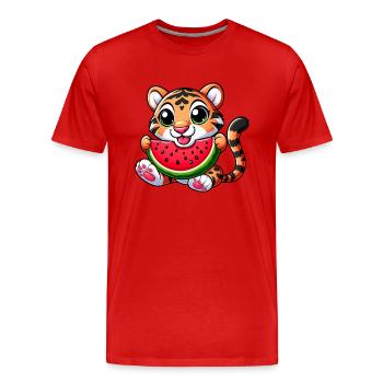 Bengalkatze Mit Wassermelone Fruchtig Lustig - Männer Premium Bio T-Shirt - Rot - Vorne - Damien (186cm)