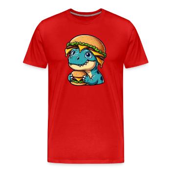 Dino T-Rex satisfait avec Hamburger Cheeseburger - T-shirt bio Premium Homme - rouge - Devant - Damien (186cm)