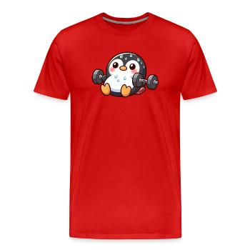 Mignon pingouin dessin animé poids haltérophilie fitness - T-shirt bio Premium Homme - rouge - Devant - Damien (186cm)