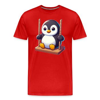 Süßer Pinguin auf Schaukel Spielplatz Cartoon - Männer Premium Bio T-Shirt - Rot - Vorne - Damien (186cm)