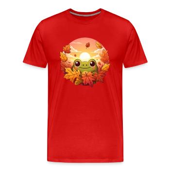 Mélodie d’automne : Grenouille, feuilles colorées et rondeur - T-shirt bio Premium Homme - rouge - Devant - Damien (186cm)
