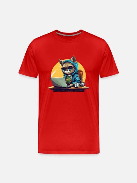 Cool Cat CEO - Start-up Mood with Laptop - Men's Premium Organic T-Shirt - red