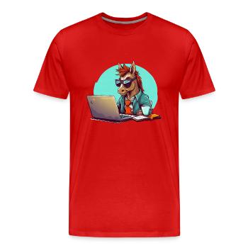 Horse Power CEO - Café et ordinateur portable en entreprise - T-shirt bio Premium Homme - rouge - Devant - Damien (186cm)