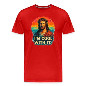 Jésus dans l’arc-en-ciel – Je suis cool avec ça - T-shirt bio Premium Homme - rouge - Devant - Damien (186cm)