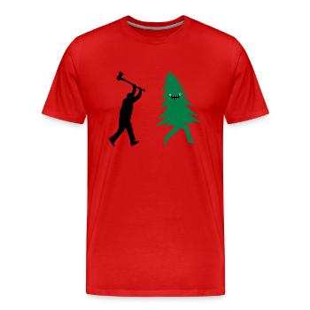 Funny Christmas tree is chased by Lumberjack - Men's Premium Organic T-Shirt - red - Front - Damien (186cm)