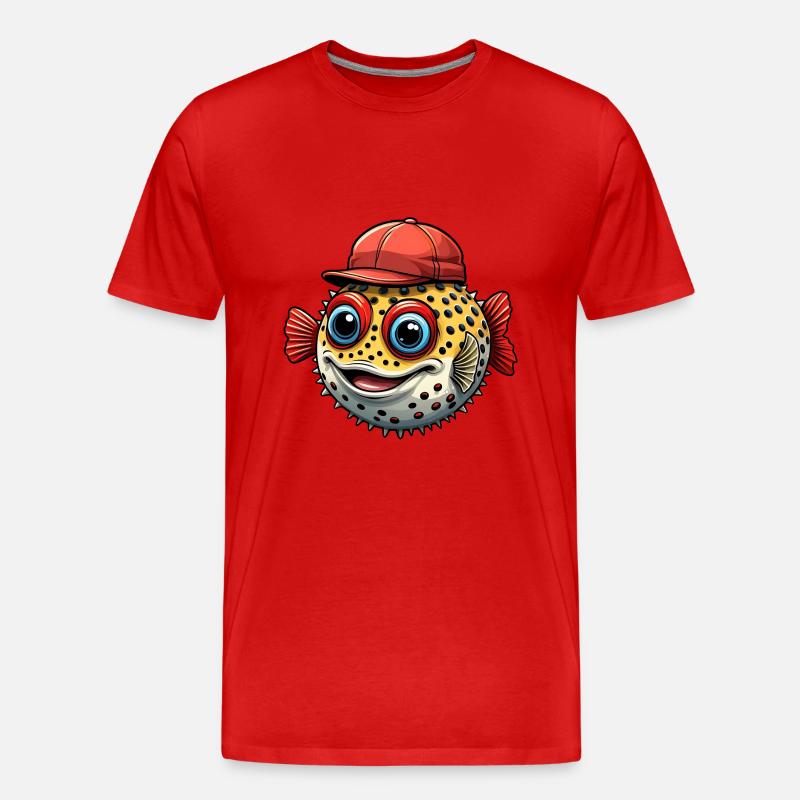 Lustiger Kugelfisch mit roter Basecap - Männer Premium Bio T-Shirt - Rot