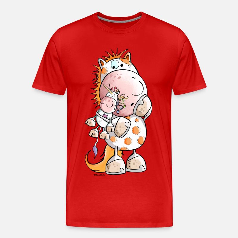 Pferd mit Einhorn Kuscheltier Cartoon  - Männer Premium Bio T-Shirt - Rot