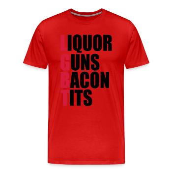 Liquor Guns Bacon & Tits - Men's Premium Organic T-Shirt - red - Front - Damien (186cm)