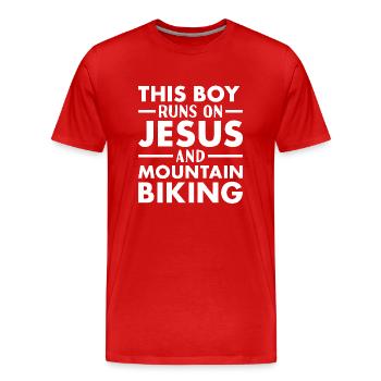 Motard Ce garçon court sur Jésus en VTT - T-shirt bio Premium Homme - rouge - Devant - Damien (186cm)